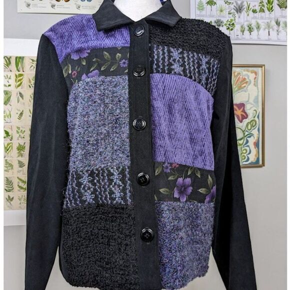 Vintage 90s First Option Suede Look Jacket Cottagecore Patchwork Medium Petite - Picture 1 of 14